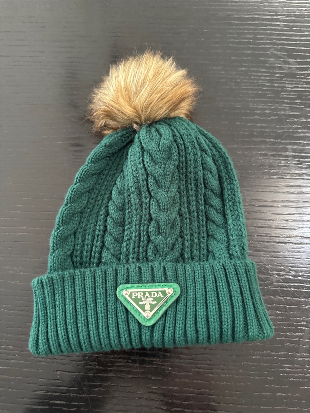Green Cable-Knit Pom Pom Beanie